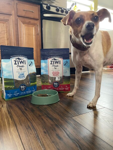 Dog barking next to bowl of Ziwi air dried dog food