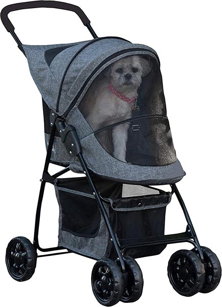 Photo of a dog in a pet stroller