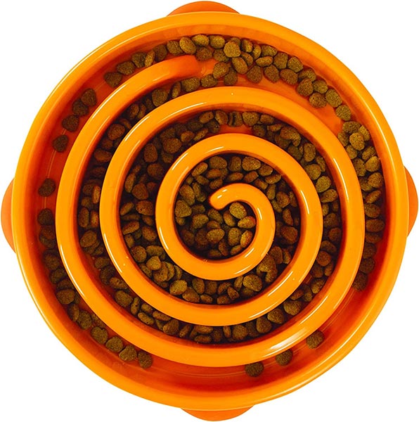 Photo of an orange Slow Feeder Dog Bowl